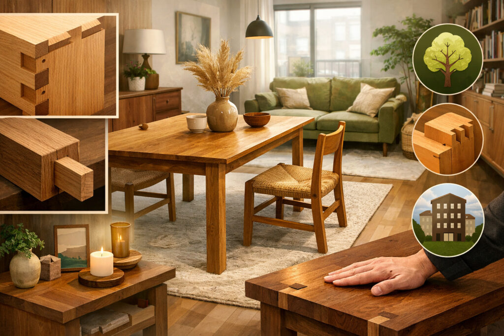 Furniture and home décor: solid wood, joinery, and the “apartment test”