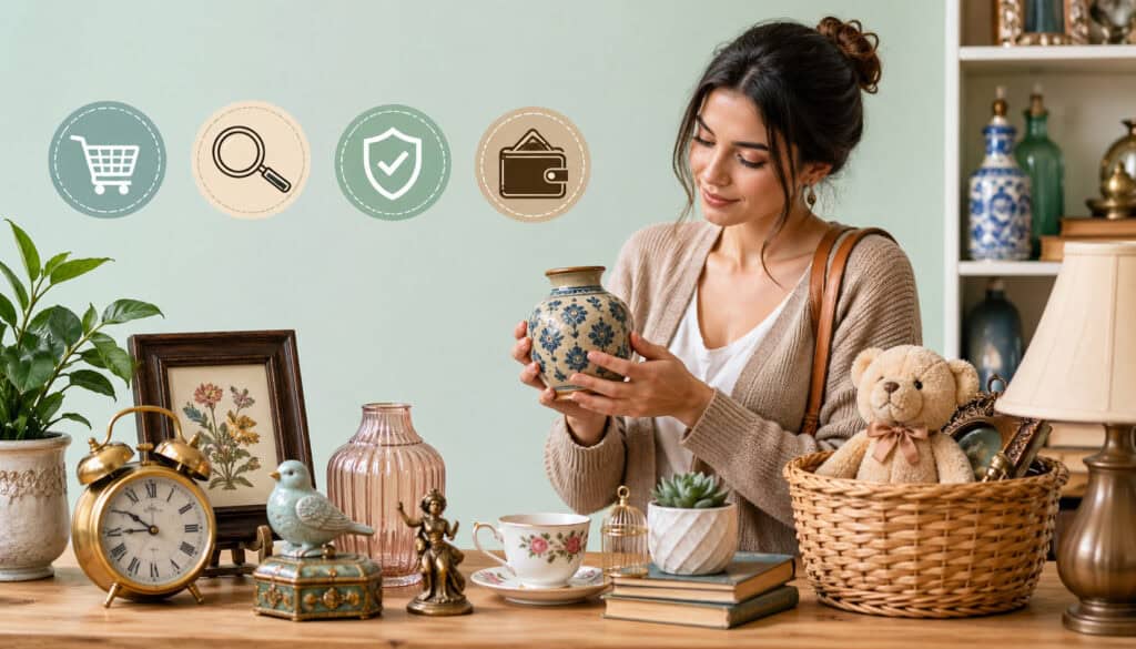 First-time shopper examining vintage bric-a-brac items like a decorative vase, antique clock, framed art, and collectibles on a wooden table in a cozy, well-lit setting