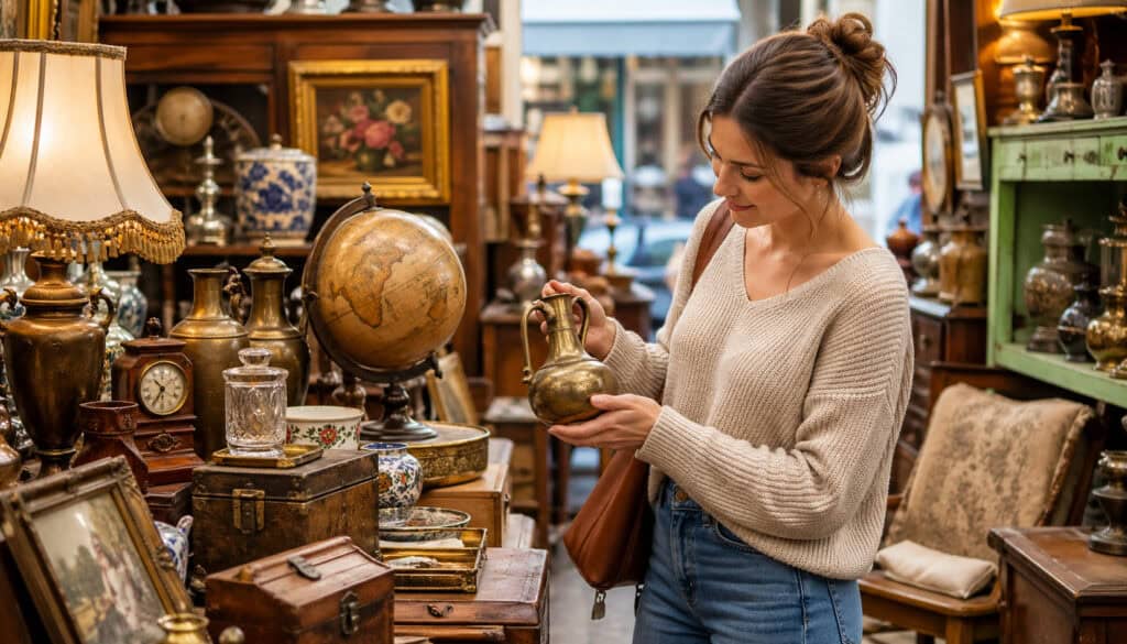 Affordable antique shopping scene with woman examining vintage brass items in a cozy antique store filled with collectibles and decor
