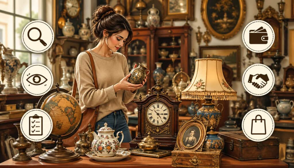 Vintage antique shop interior with a woman examining a decorative vase, surrounded by classic furniture, clocks, ceramics, and shopping guide icons representing beginner antique buying tips