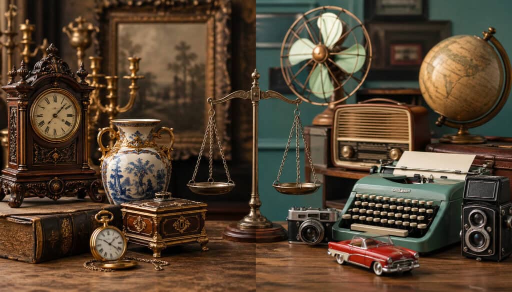 Antique and vintage collectibles comparison with classic clock, porcelain vase, and jewelry box on one side and retro typewriter, radio, and camera on the other, symbolizing value differences over time