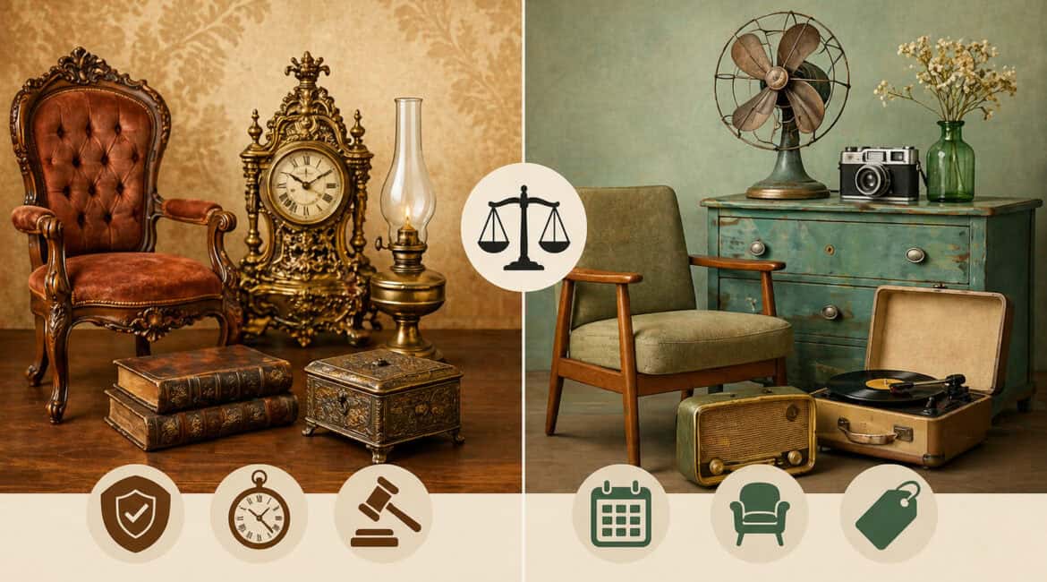 Split-scene illustration comparing antique and vintage items with classic furniture, ornate clock, and books on one side and mid-century decor, retro electronics, and collectibles on the other