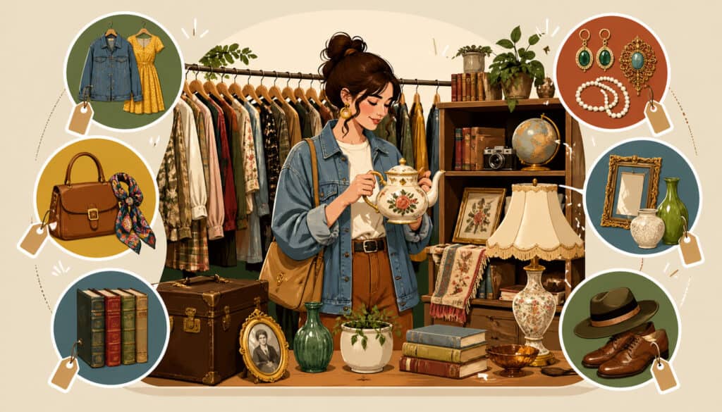 Vintage thrift shopping illustration featuring clothing racks, retro accessories, home decor, books, and a shopper exploring affordable secondhand finds by category