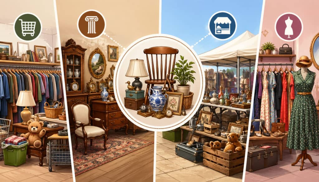 Bric-a-brac items displayed alongside thrift store clothing, antique furniture, flea market stalls, and vintage fashion in a detailed comparison illustration