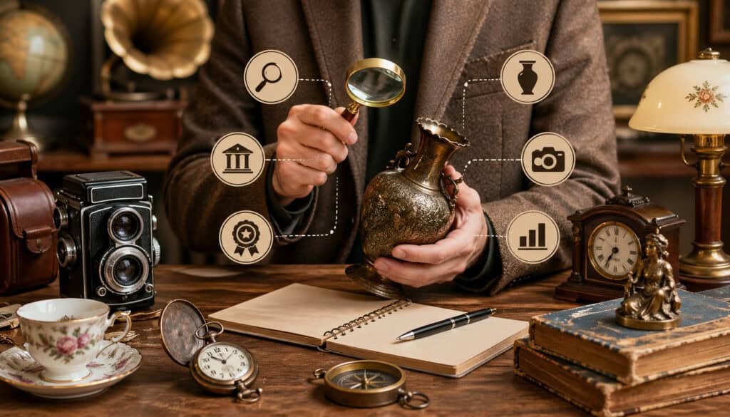 Person examining antique vase with magnifying glass surrounded by vintage collectibles and appraisal icons