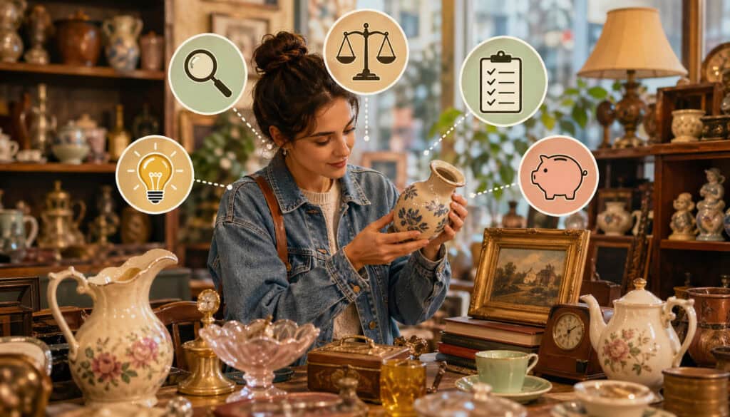 Woman examining vintage ceramic vase in antique shop surrounded by collectibles and value assessment icons