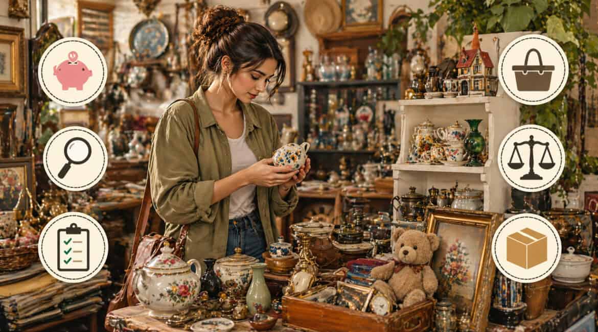 Woman browsing bric-à-brac items in a vintage shop, examining ceramics among assorted collectibles with budget shopping and value-check icons visible