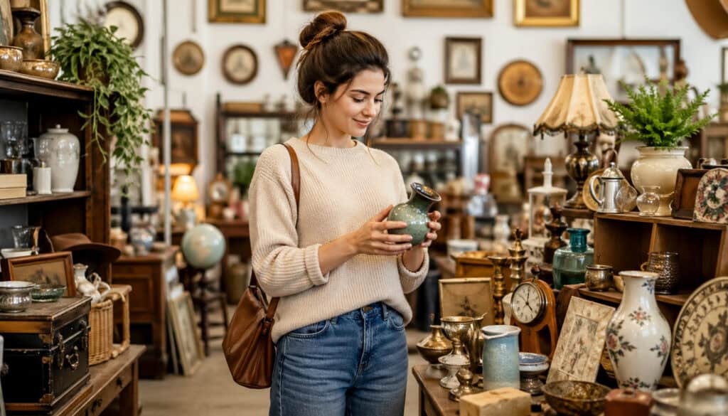 Woman browsing vintage items in a cozy bric-a-brac antique shop filled with decorative objects and collectibles