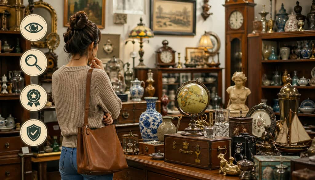 Vintage antique shop interior with a shopper examining assorted collectibles, ceramics, clocks, and decorative items while evaluating quality pieces in a bric-a-brac store