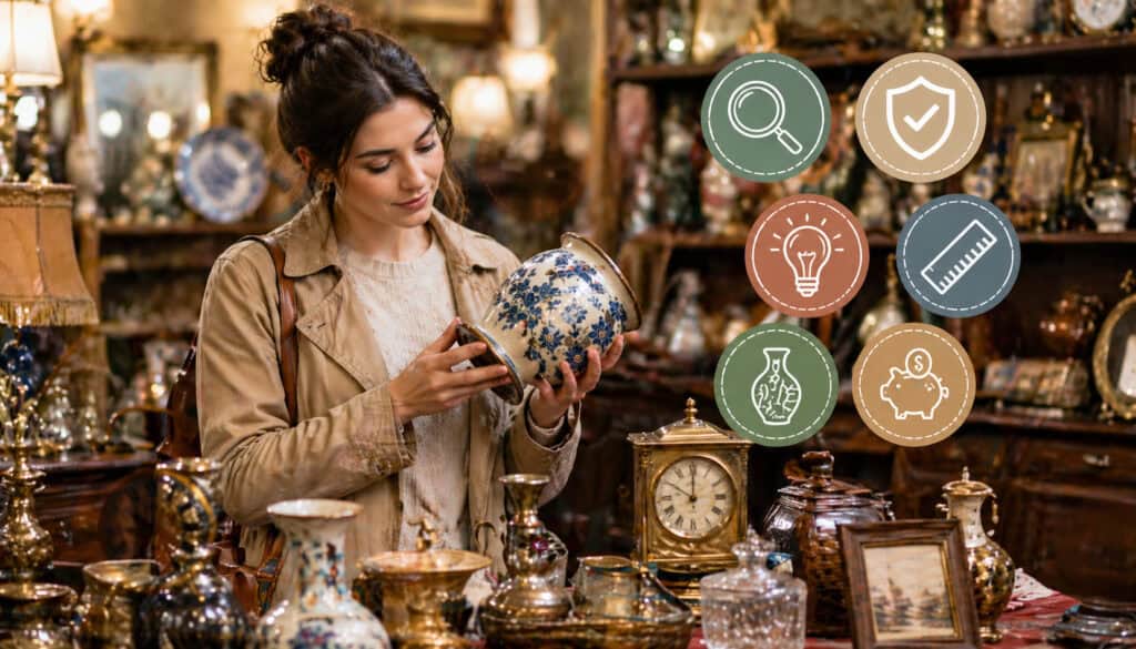 Shopper inspecting a vintage ceramic vase in an antique store filled with bric-a-brac items, surrounded by collectibles and icons representing quality, value, and smart buying decisions