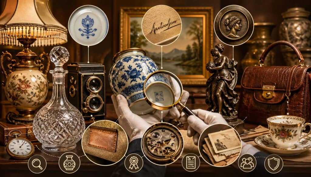 Vintage antiques appraisal scene with magnifying glass examining porcelain maker’s mark, surrounded by collectibles, signatures, and historical artifacts on a wooden table