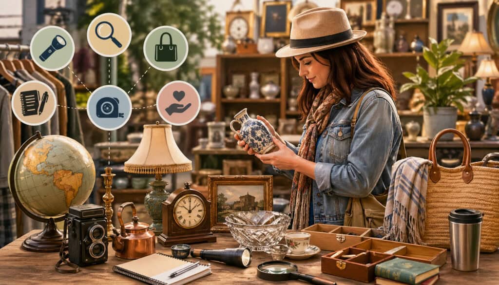 Vintage thrift store scene with shopper examining ceramic vase, surrounded by antique items and illustrated icons representing smart bric-a-brac shopping tools and habits