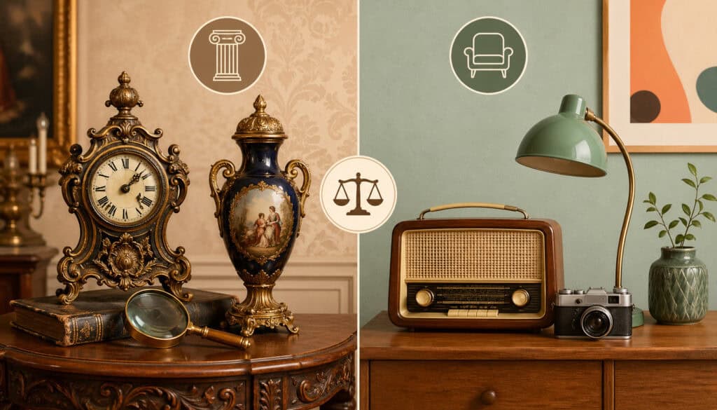 Side-by-side illustration comparing antique ornate decor items with vintage mid-century objects, highlighting differences in style and era