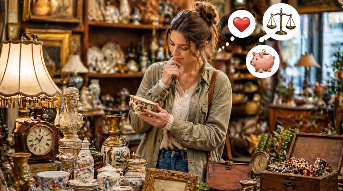 Woman evaluating vintage teacup in antique shop while considering value, cost, and personal charm among bric-à-brac collectibles