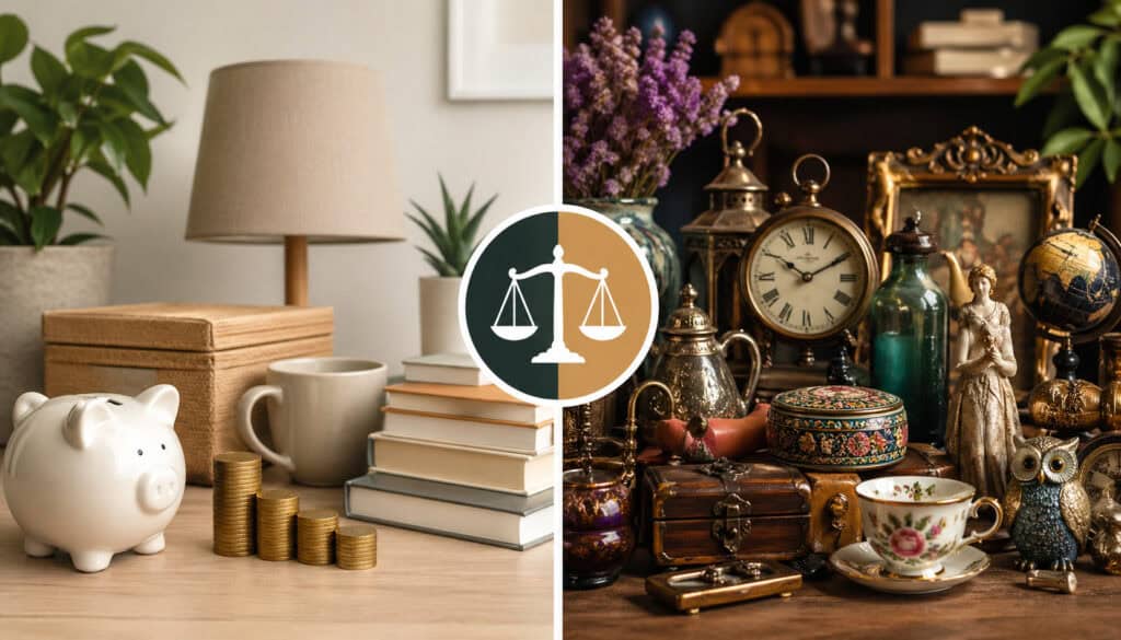 Split scene comparing minimalist value-focused items like savings, books, and coins with a detailed collection of vintage bric-a-brac antiques and decorative objects representing charm and nostalgia