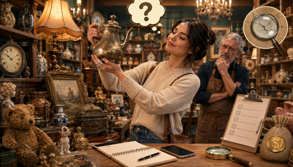 Shopper admiring an old teapot without researching its true value