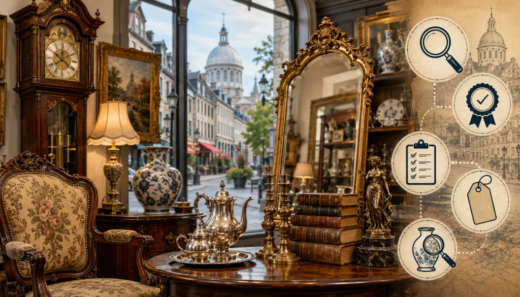 Authentic antiques in a Montreal shop with appraisal icons