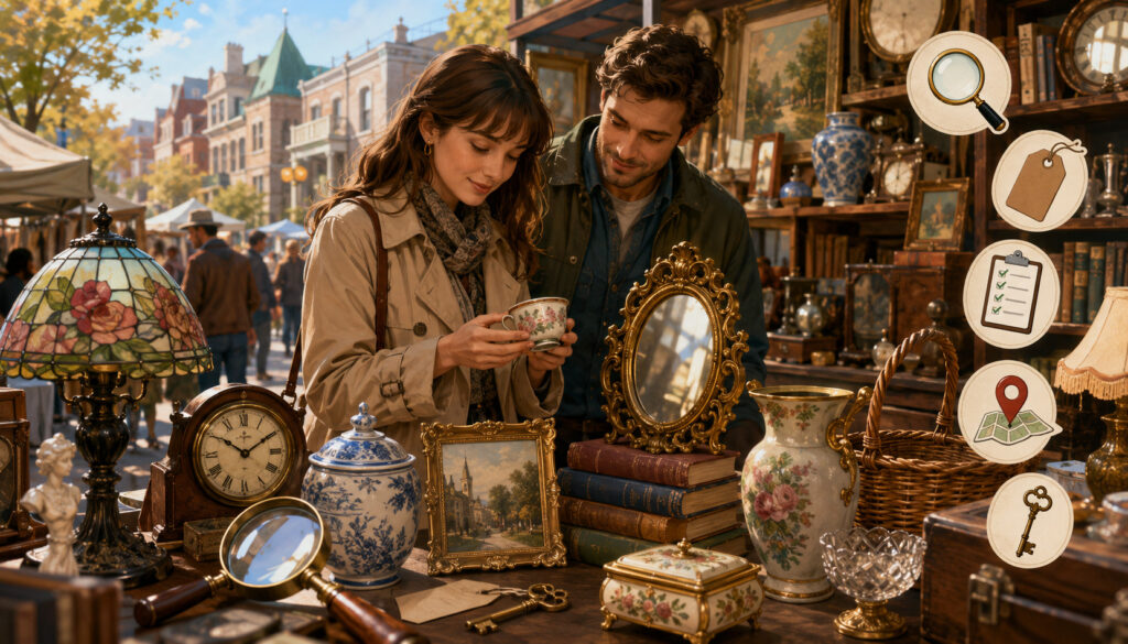 Shoppers discovering hidden vintage bric-à-brac treasures at a Mont-Royal market