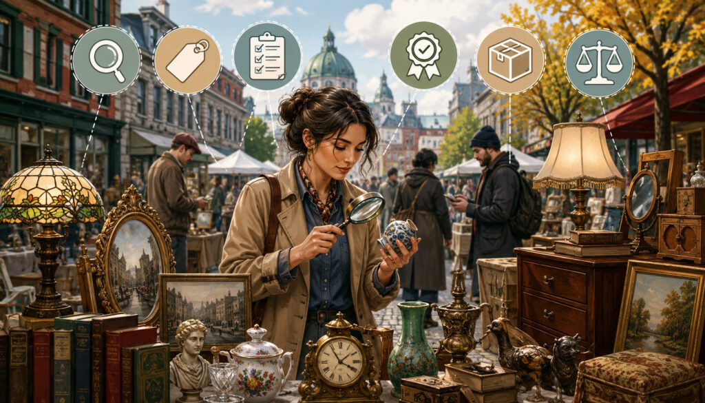 Shopper inspecting vintage bric-à-brac at a Montreal market