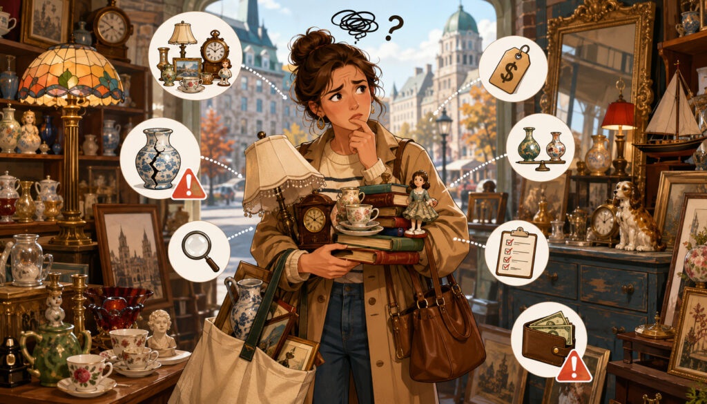 Shopper overwhelmed by common bric-à-brac shopping mistakes in an antique store