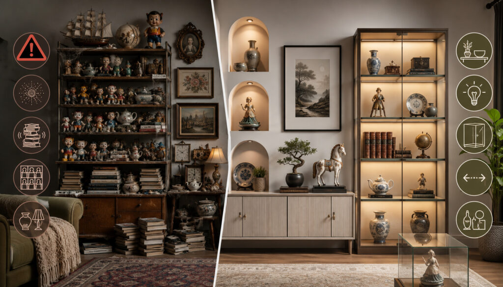 Cluttered versus stylish collectible displays with organization and lighting icons