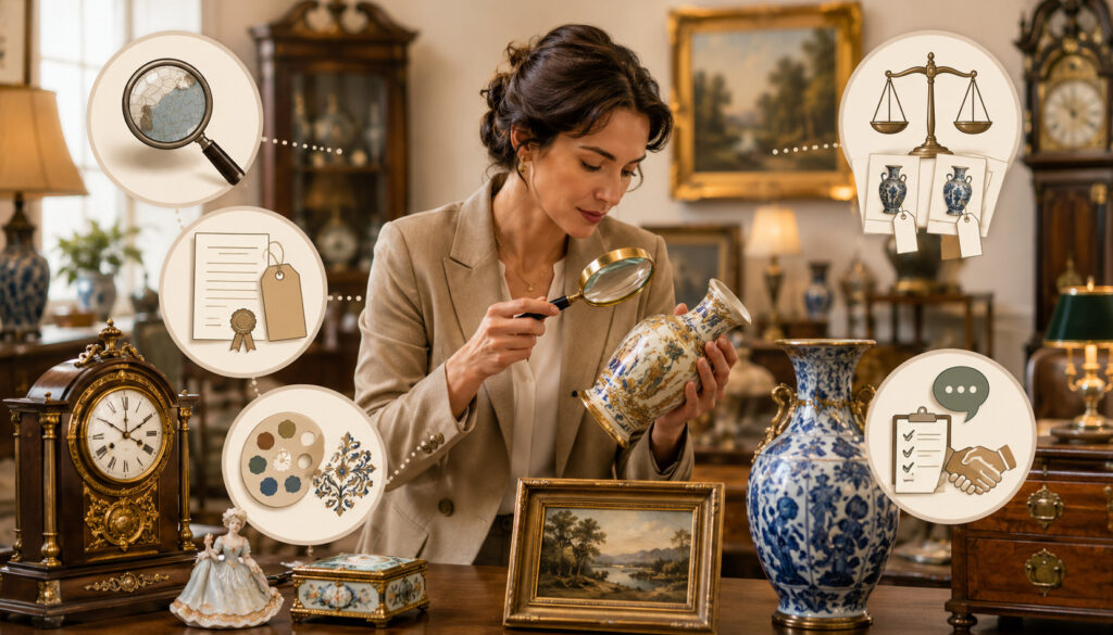 Antique appraiser evaluating a vintage vase’s condition and authenticity