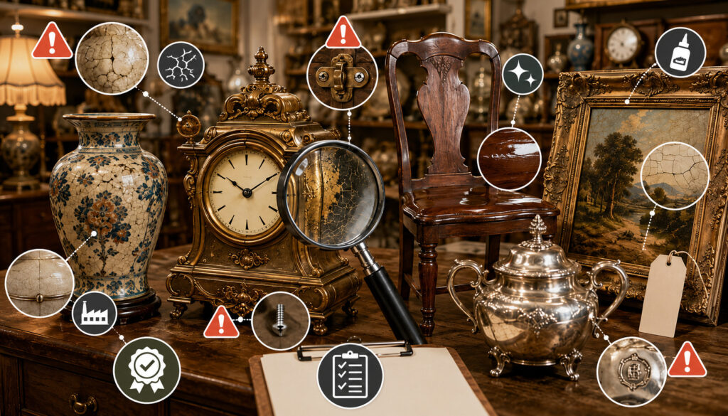 Antique shop display highlighting fake antique warning signs with inspection icons and a magnifying glass
