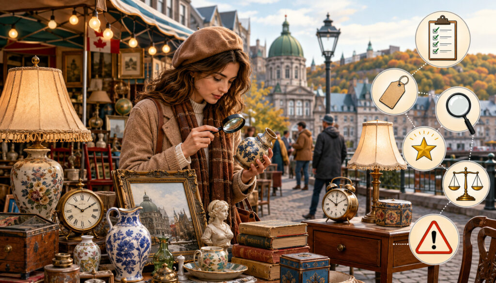 Shopper carefully inspecting bric-à-brac at a Montreal antique market