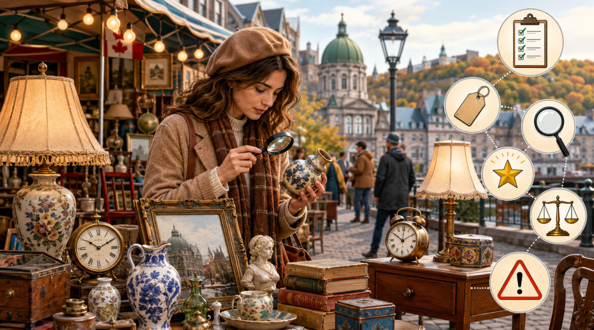 Shopper carefully inspecting bric-à-brac at a Montreal antique market