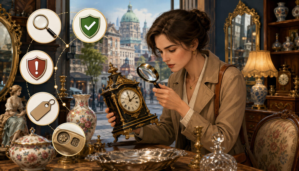 Woman inspecting an antique clock with a magnifying glass in a Montreal antique shop