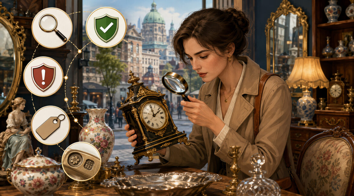 Woman inspecting an antique clock with a magnifying glass in a Montreal antique shop
