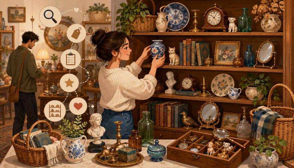 Person arranging vintage bric-à-brac collectibles on wooden display shelves