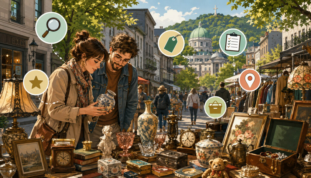 Shoppers discovering hidden bric-à-brac treasures at a Mont-Royal market