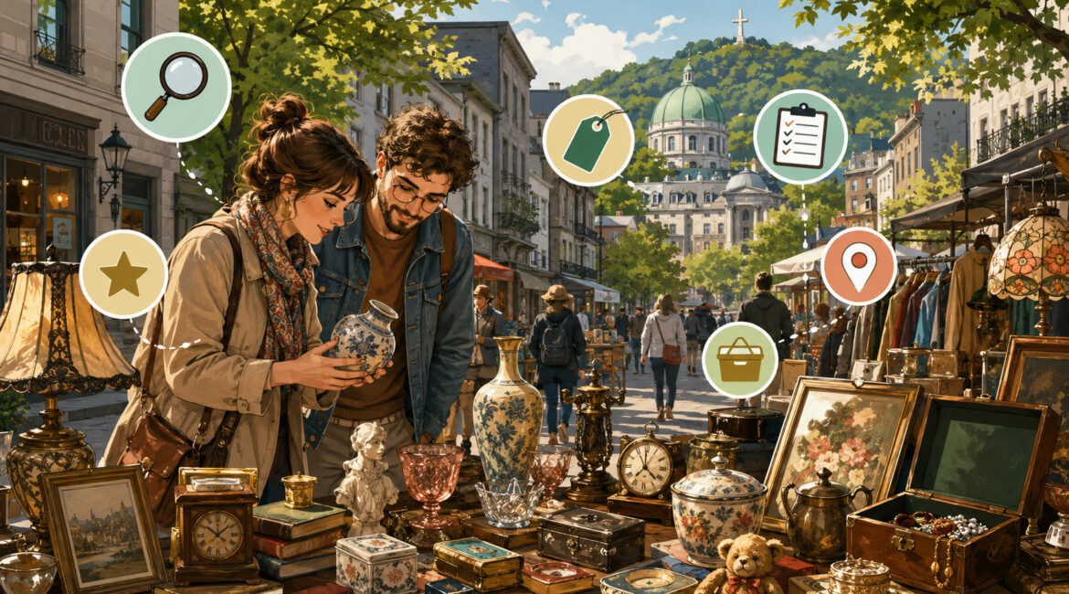 Shoppers discovering hidden bric-à-brac treasures at a Mont-Royal market