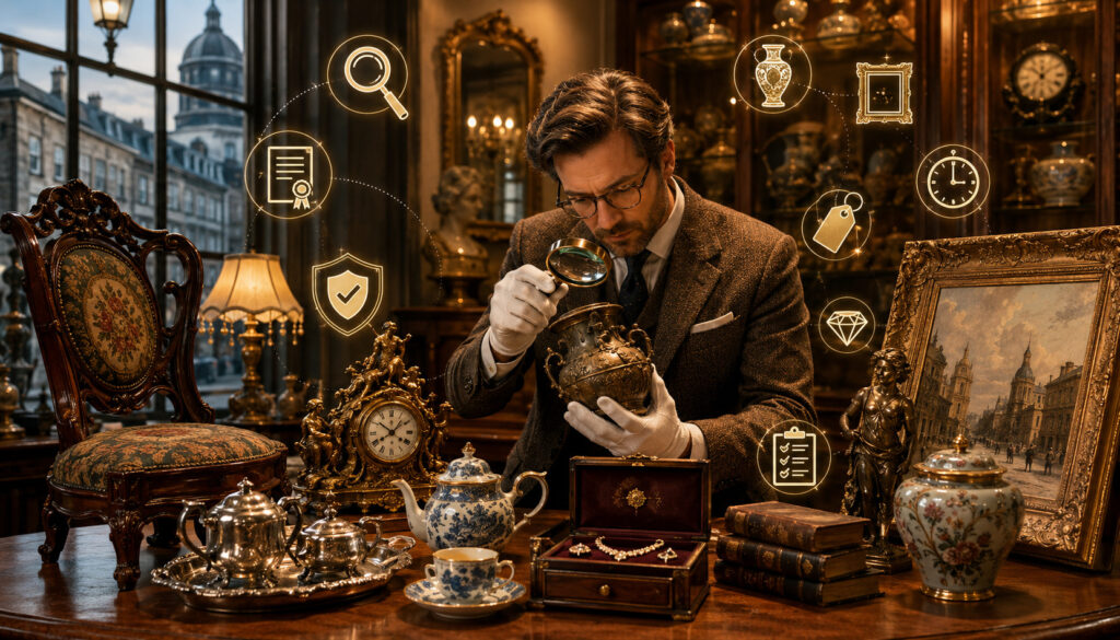 Antique expert authenticating vintage collectibles in a Montreal shop