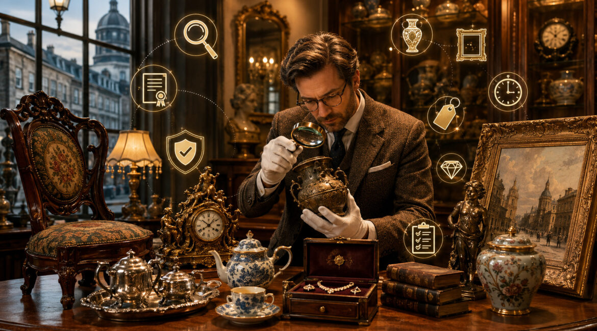 Antique expert authenticating vintage collectibles in a Montreal shop