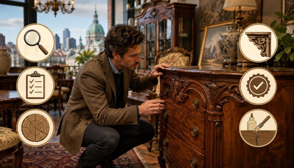 Man inspecting an ornate antique wooden dresser in a Montreal furniture showroom
