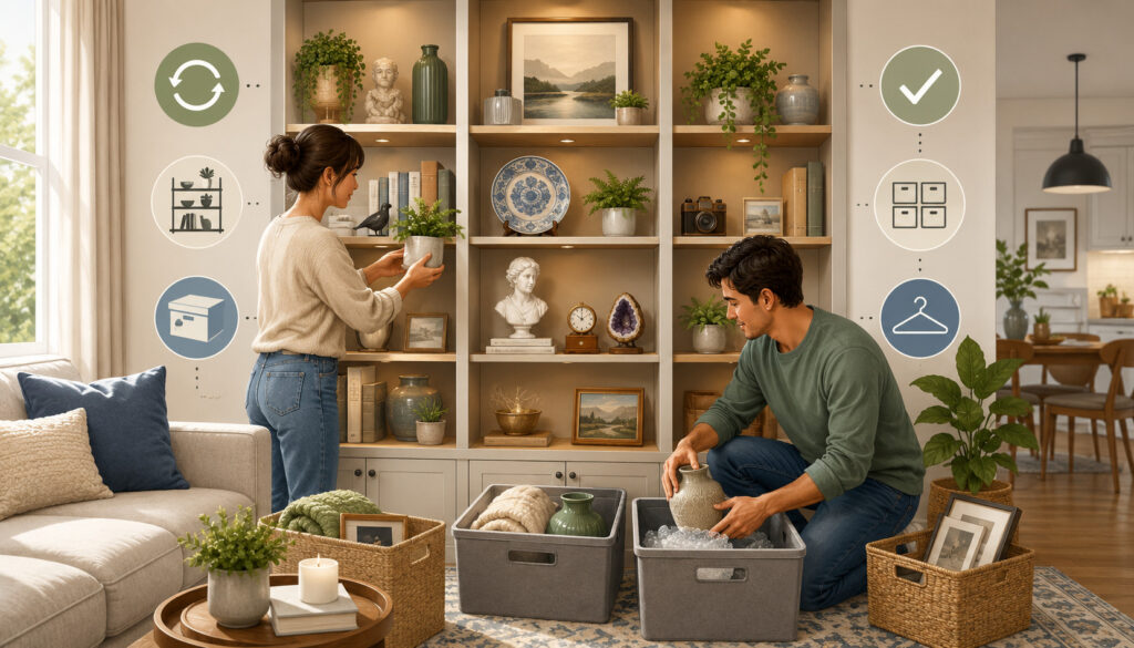 Couple refreshing a collectible display and organizing décor into storage bins