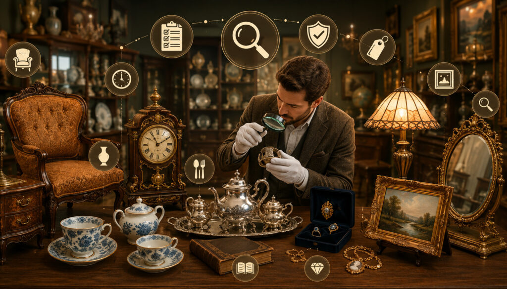 Antique expert carefully inspecting various collectibles in a vintage showroom
