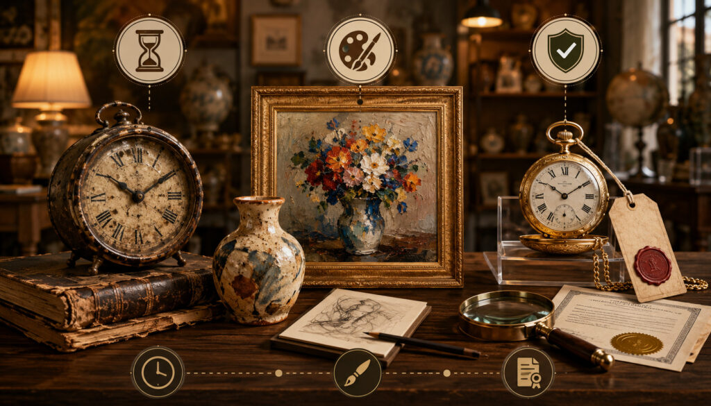 Old clock, original artwork, and authenticated antique collectibles on display