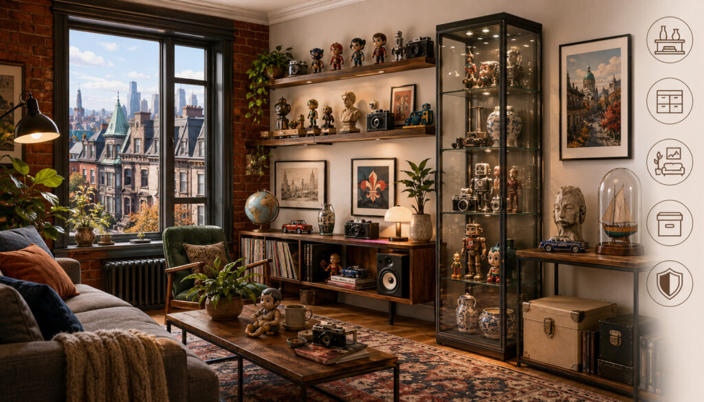 Collectibles displayed in a stylish Montreal apartment