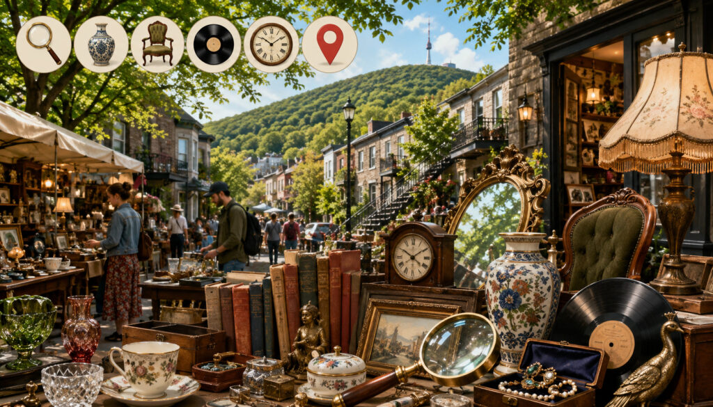 Bric-à-brac market near Mont-Royal with vintage antiques and shoppers