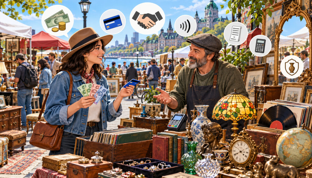 Cash and card payment at a Montreal flea market antique stall