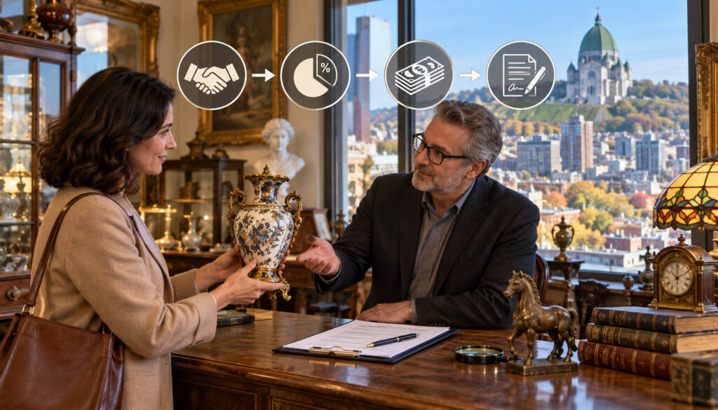 Antique consignment agreement and payout discussion in Montreal shop