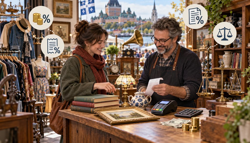 Vintage shop checkout illustrating GST and QST on secondhand goods in Quebec
