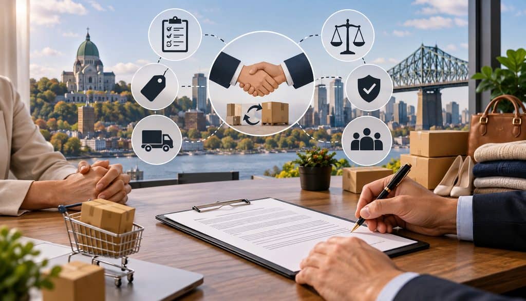 Montreal consignment contract signing with legal and agreement icons
