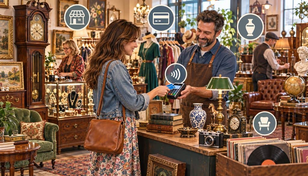 Customer using contactless card payment at an antique and vintage shop